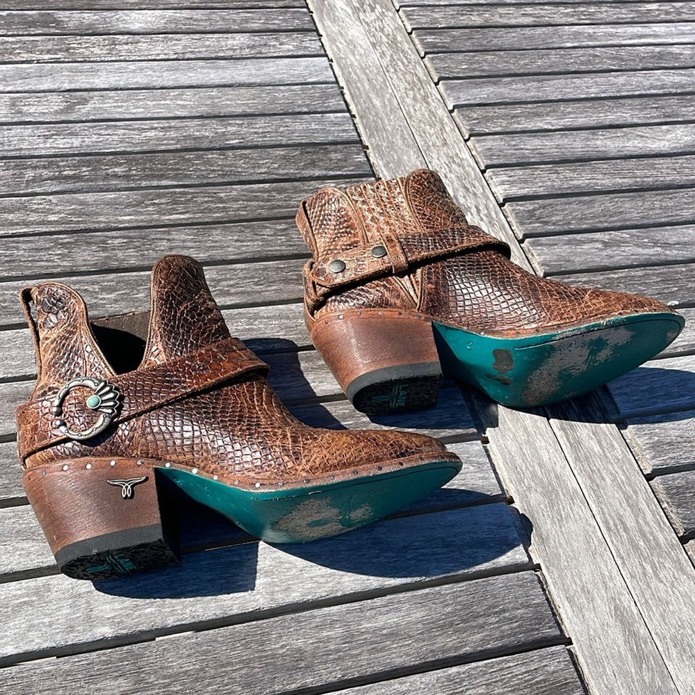 Lane Mattie Sz 7.5 Brown Croc Leather Western Ankle Booties - Picture 6 of 15
